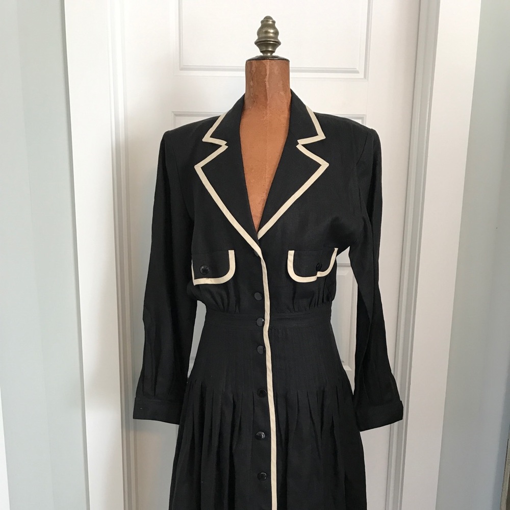 Vintage Valentino Linen MIDI Dress Black & Cream Miss V Label